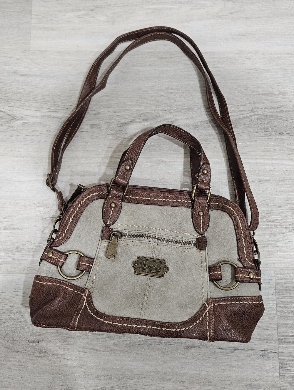 Neutral Two-Tone Satchel Bag with Brown Trim